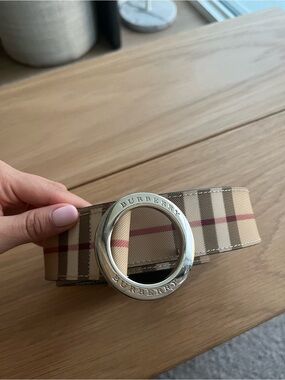 Burberry Tan Plaid Belt with Silver Round Logo Buckle